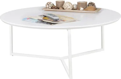 Runder Couchtisch Design MDF Holz weiß matt mit weißem Metallgestell, Gesamtansicht von oben.