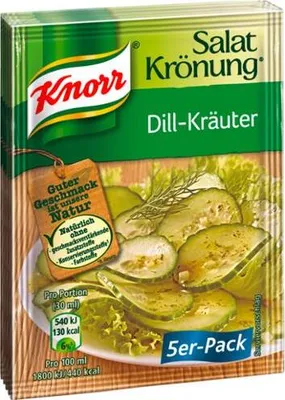 A package of Knorr salad dressing mix with dill and herbs, showing sliced cucumbers and lettuce.