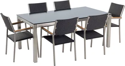 Zdjęcie produktu dla BELIANI Zestaw mebli ogrodowych jadalniany czarny stół szkło hartowane 180 x 90 cm 6 krzeseł czarnych z technorattanu sztaplowanych
