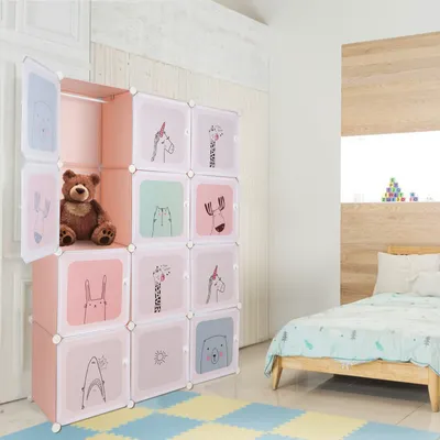 Produktbild von Modularer Kinderkleiderschrank aus Kunststoff, 12 Kubus, rosa – Kleiderschrank für Kinder mit Türen & Kleiderstange