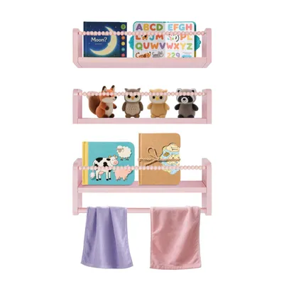 Zdjęcie produktu dla Półki na książki 40 * 10 * 15 cm półki dla dzieci z drewnianymi koralikami półka ścienna do przechowywania w łazience, salonie (różowy)