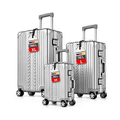 Produktbild von WINLIFE® 3in1 M+L+XL Handgepäck(53cm) + Checkin-Trolley(65cm) + XL Koffer(75cm) Reisekoffer SET mit Alu-Rahmen, ABS & TSA Nummern-Schloss | Silber