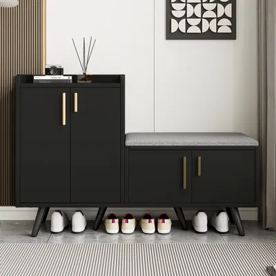 Produktbild von Schuhbänke mit Holzmaserung, Schuhschrank, vier Aufbewahrungstüren, asymmetrischen Metallgriffen, B120/D34/H82,