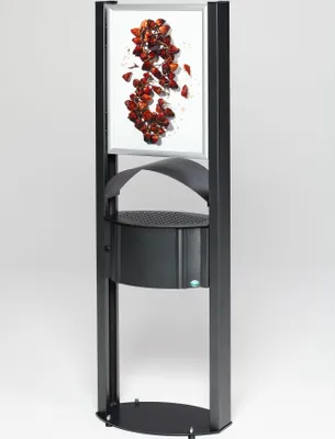 Produktbild von Robuster Standascher mit Schutzdach & Werbefläche für den Aussenbereich | 15 Liter, HxBxT 180x58x35cm | Verzinkter & pulverbeschichteter Stahl | Antik-Silber