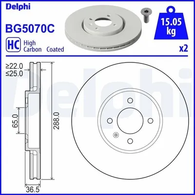 Produktbild von 2x DELPHI Bremsscheibe BG5070C für VW up! Schrägheck (121 122 BL1 BL2) 36 5mm
