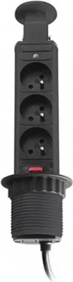 A black retractable power strip with three outlets, designed to be installed in a desk or countertop.