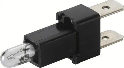 A close-up studio shot of a small light bulb with a black plastic socket and two metal terminals.