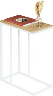 Produktbild von Beistelltisch DEBORA, praktischer Wohnzimmertisch in C-Form, schöner Couchtisch Tischplatte rechteckig in Sonoma Eiche, eleganter Sofatisch mit Metallgestell in weiß