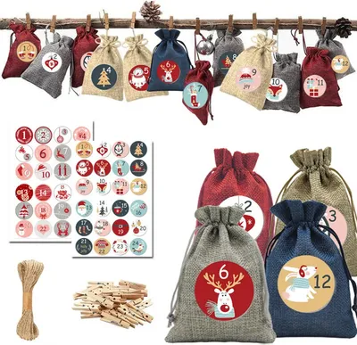 Produktbild von 24 Stück Adventskalender zum Befüllen, Filzbeuteln und Stoffbeutel, Adventskalender Zahlen Aufklebern, WeihnachtskalenderGeschenktüten Weihnachten