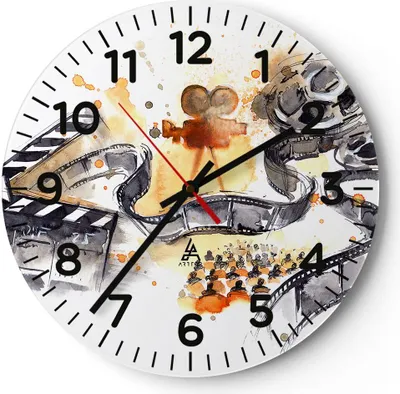 Produktbild von Wanduhr - Rund - Glasuhr - Film Projektor Illustration - 30x30cm - Schleichendes Uhrwerk - Lautlos - zum Aufhängen bereit - Dekoration Modern - Wanddekoration aus Glas - C4AR30x30-3017