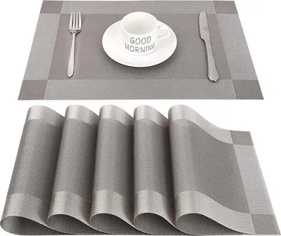 Produktbild von Platzset Abwischbar,Tischset Abwaschbar Grau 6er Set PVC Abgrifffeste Hitzebeständig rutschfest Platzdeckchen für Küche,Zuhause,Restaurant,Speisetisch,45cmx30cm