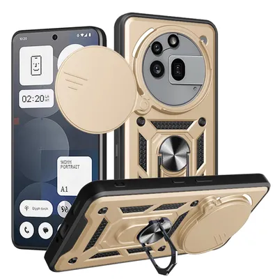 Productafbeelding van MobyDefend Hoesje - Geschikt voor Nothing Phone (3a) Pro - Pantsercase Met Draaibare Ring - Goud