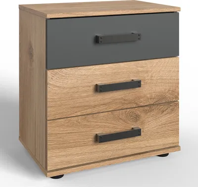 Produktbild von Nachtkommode 3 Schubladen Eiche mit graphit SUNDERLAND-43