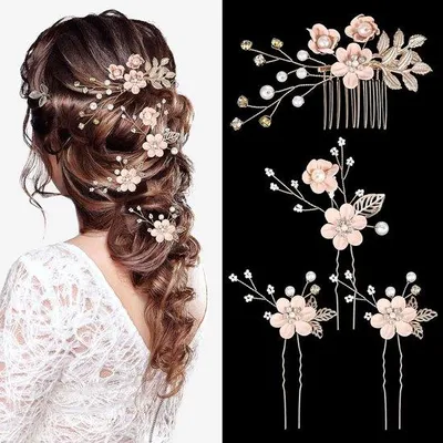 Produktbild von Haarkämme Hochzeit, rosa Blumen Strass Haarclip, Kristall/Pearl Updo Accessoire - 4 Stück