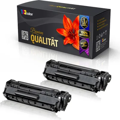 A product shot of two toner cartridges and their packaging, presented on a white background.
