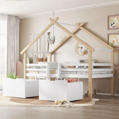 Obrázok produktu pre Merax detská drevená posteľ 90x200 cm so strieškou a schodíkmi, polovysoká domčeková posteľ so štvorstrannou ohrádkou, 2 skrinky s kolieskami, biela+príroda