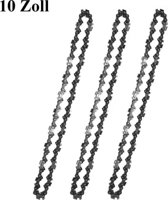 Three chainsaw chains are laid out diagonally on a white background.