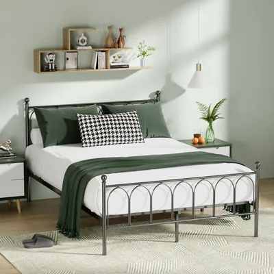 Image de MODFU Lits classiques Lit en métal 140 x 200 cm avec cadre en métal, lit double pour jeunes avec tête de lit en fer, noir (sans matelas), style européen