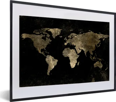 Produktbild von MuchoWow® MuchoWow® Gerahmtes Poster Weltkarte - Schwarz - Gold 60x40 cm - Poster mit zchwarzem Bilderrahmen - Schlafzimmer - Plakat in Rahmen - Drucken