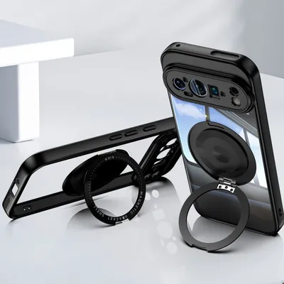 A black phone case with a magnetic ring holder is displayed on a white surface.