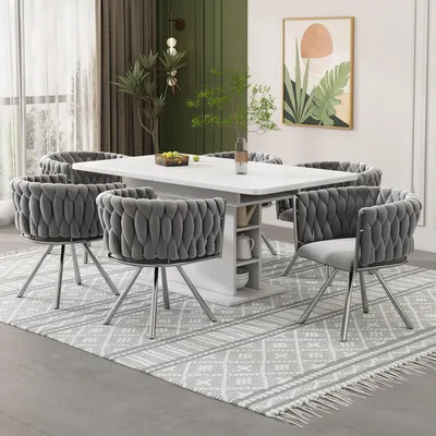 Produktbild von Samt-Esszimmerstuhl 6er-Set Drehstuhl 360° Metallbeine Luxus Grau Silber