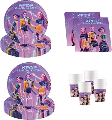 Produktbild von Procos - KPop Demon Hunters Geburtstagsdeko, 52-teilig, Pappteller, Becher und Servietten für Kindergeburtstag, Partygeschirr