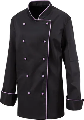 Produktbild von Damenkochjacke langarm, taillert, Fb. schwarz, Paspel purple, Gr. XL : XL : 65% Polyester 35%Baumwolle 220 g/m² : purple
