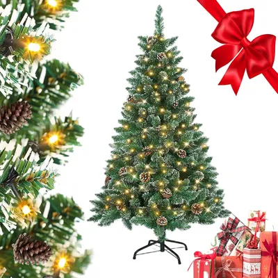 Produktbild von LARS360 Künstlicher Weihnachtsbaum mit LED-Beleuchtung, 210 cm, Schneeeffekt und Kiefernzapfen, künstlicher Tannenbaum mit Metallständer