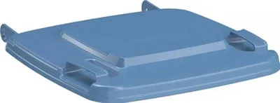 A blue lid for a trash bin.