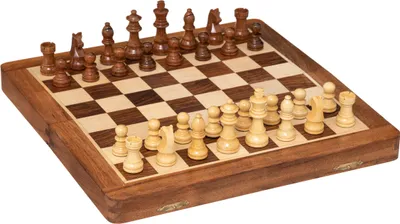 A wooden chess set is displayed on a white background.
