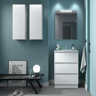 Produktbild von Badezimmermöbel BALTIC 600 3 Schubladen WHITE SATIN + Waschtisch + Spiegel