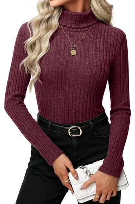 Produktbild von RIROW Damen Langarmshirt Rollkragen Rippoptik Figurbetont, Weinrot, XL
