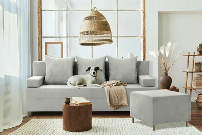 Produktbild von Couch FIREZE mit Puff 3in1 SATZ - Sofa mit Schlaffunktion - Schlafcouch mit Bettkästen - Hellgrau, Grau