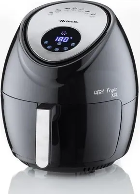 A black air fryer with a silver control panel and handle, shown on a white background.