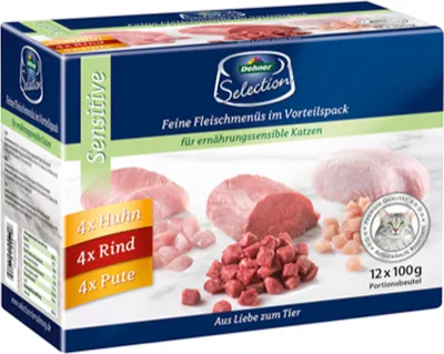Produktbild von Dehner Premium Katzenfutter Sensitive Multipack, Nassfutter, für ernährungssensible Katzen, je 4 x Huhn / Rind / Pute, 12 x 100 g Beutel (1.2 kg)