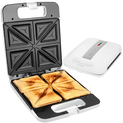 Produktbild von Clatronic Sandwichmaker | Sandwich-Toaster | 4 Scheiben Sandwich-Maker | dreieckige Sandwichplatten (antihaftbeschichtet) | 1200 Watt | ST 3629 weiß