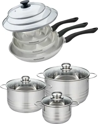 Image de Set de 3 poêles 20 24 et 28 cm en inox et couvercles, 3 faitouts inox 16, 20 et 24 cm Fackelmann Geneva