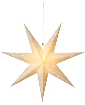 A white, star-shaped paper lantern hangs from a thin wire against a white background.