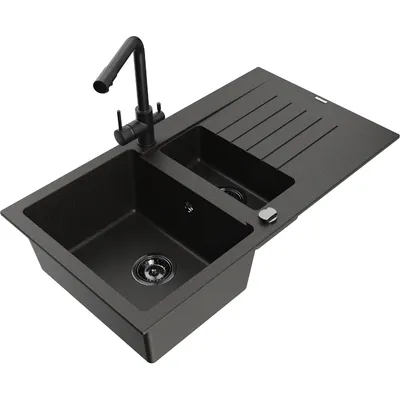 Obrázek produktu pro Mexen Matias 1,5-miskový granitový dřez s odkapávačem a kuchyňskou baterií Duero, Černá/Zlatá - 6502-75-671600-70-B