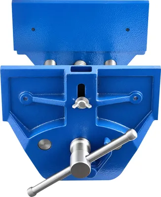 A top-down view of a blue metal woodworking vise against a white background.