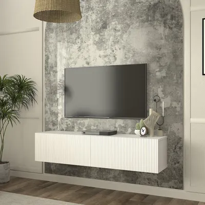Produktbild von TV-Lowboard hängend ‘Verpsboga’ mit 2 Klapptüren gerillte 3D-Optik 135 x 32 x 30 cm Weiß