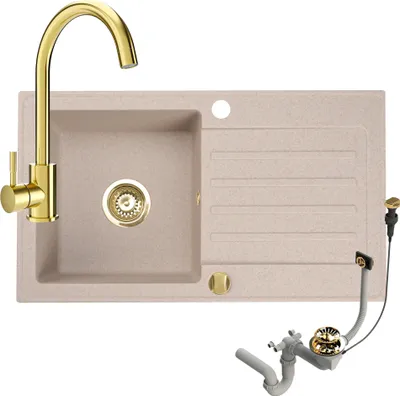 Produktbild von Granitspüle Küchenspüle mit Siphon und Armatur Gold Spülbecken Einbauspüle 76x44 Beige
