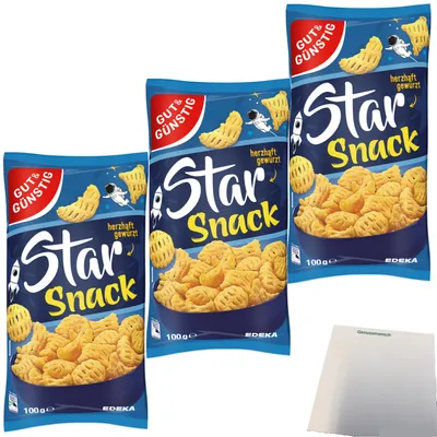 Produktbild von Gut & Günstig Star Snack knuspriger Kartoffelsnack herzhaft gewürzt 3er Pack (3x100g Packung) + usy Block
