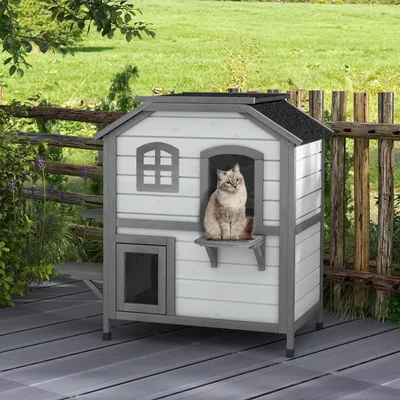 Produktbild von Katzenhaus 2 Stockwerke, Katzenhütte Katzenhöhle outdoor, Tannenholz wetterbeständig, Hellgrau+Weiß | 99,5 x 76 x 91 cm | 15 kg