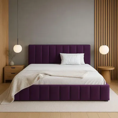 Image de GUTTO Lit rembourré sur mesure avec sommier à lattes en bois 200 x 200cm en velours prune Lit en velours double - (sur mesure - hauteur personnalisabl