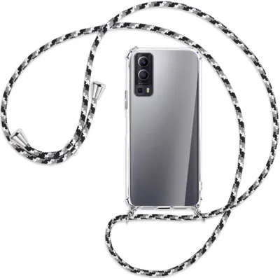 Produktbild von Handykette Backcover-Schutzhülle mit Band (Metall silberfarben) für vivo Y52 5G / Y72 5G / vivo iQOO Z3 - schwarz/grau/weiß