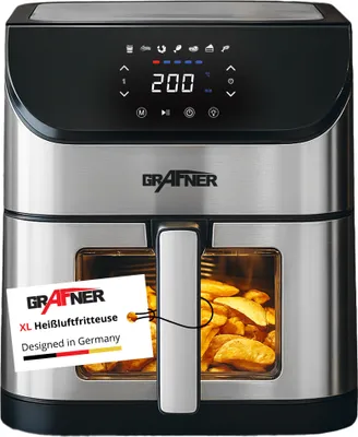 A Grafner XXL digital hot air fryer is shown from the front, with a tag attached to the handle.