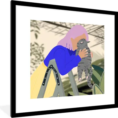 Produktbild von MuchoWow® Gerahmtes Poster Frau - Katze - Minimalismus 40x40 cm - Poster mit Schwarzem Bilderrahmen Wandposter Rahmen Foto Bilder - Poster - Plakat im Rahmen