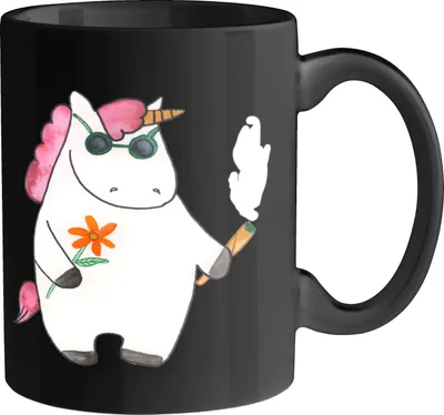 Produktbild von Mr. & Mrs. Panda Tasse Einhorn Woodstock - Schwarz - Geschenk, Joint, Einhörner, Unicorn, Teetasse, Trinkbecher, Kaffeetasse, Kaffeebecher, Party, Becher, Alkohol