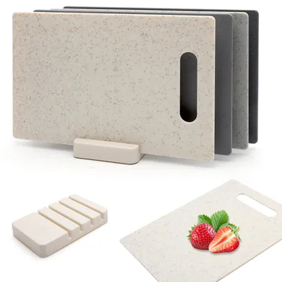 Produktbild von 4-teiliges Schneidebrett-Set aus Kunststoff, Küchenbretter, Frühstücksbretter mit Griffen und Aufbewahrungsständer, Schneidebretter für Fleisch, Aufschnitt, Gemüse und Obst